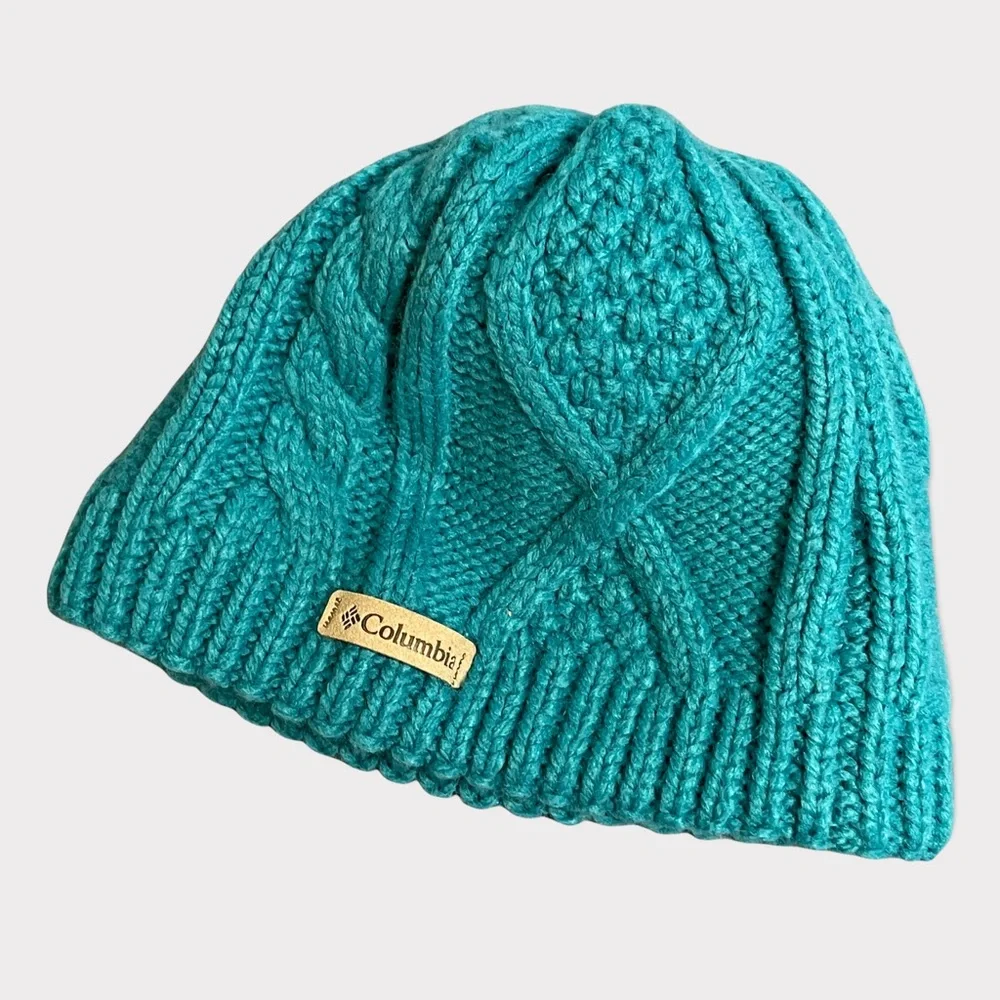 chunky cable knit COLUMBIA Teal Parallel Peak II Beanie cap hat small/youth